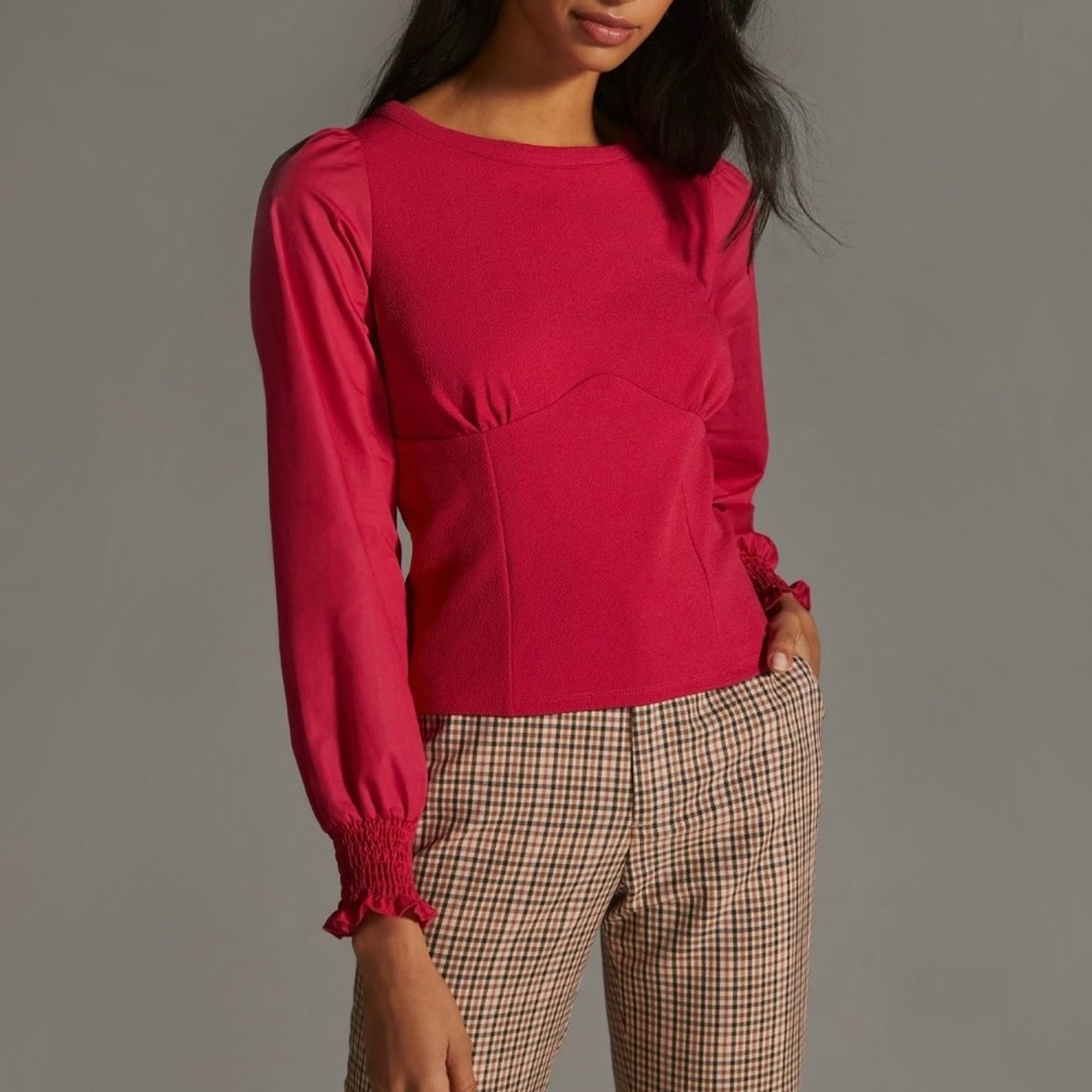 Anthropologie Structured Long-Sleeve Top in Red Wine L NWT